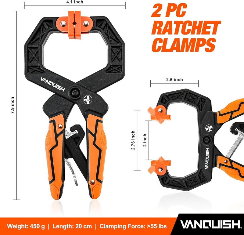 Vanquish Quick-Release Ratcheting Hand Clamps with 2-Inch Jaw Opening and 2.5-Inch Throat, 2 Pack - Image 2